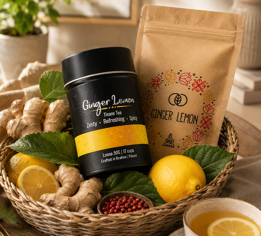 Ginger Lemon Leo Tea – elegancka puszka, doypack i kubek prezentowy